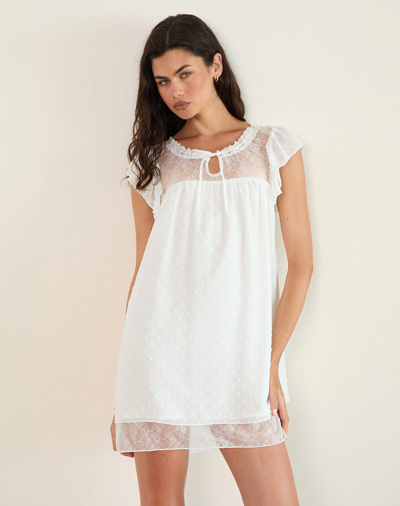 Yagis Smock Mini Dress in Dobby Chiffon White Lace