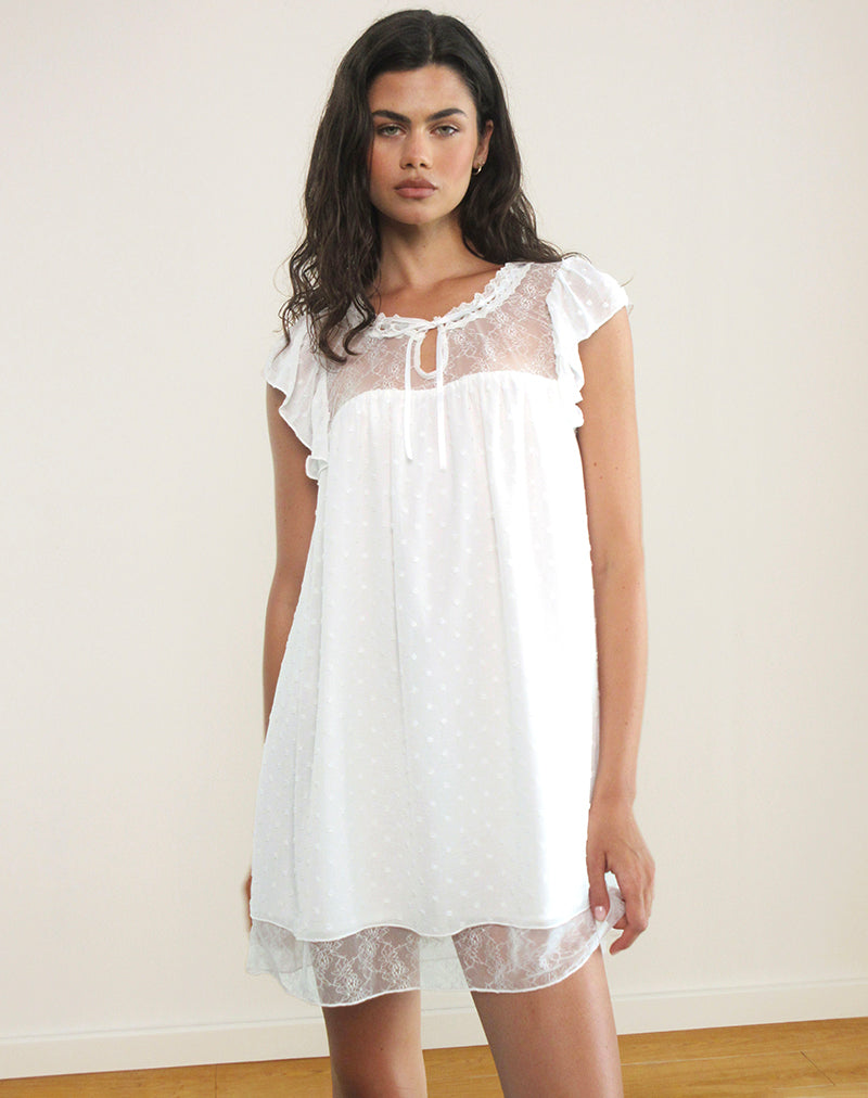 Yagis Smock Mini Dress in Dobby Chiffon White Lace