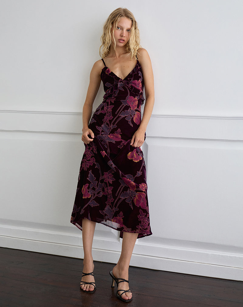 Yamira Maxi Dress in Floral Devore Burgundy