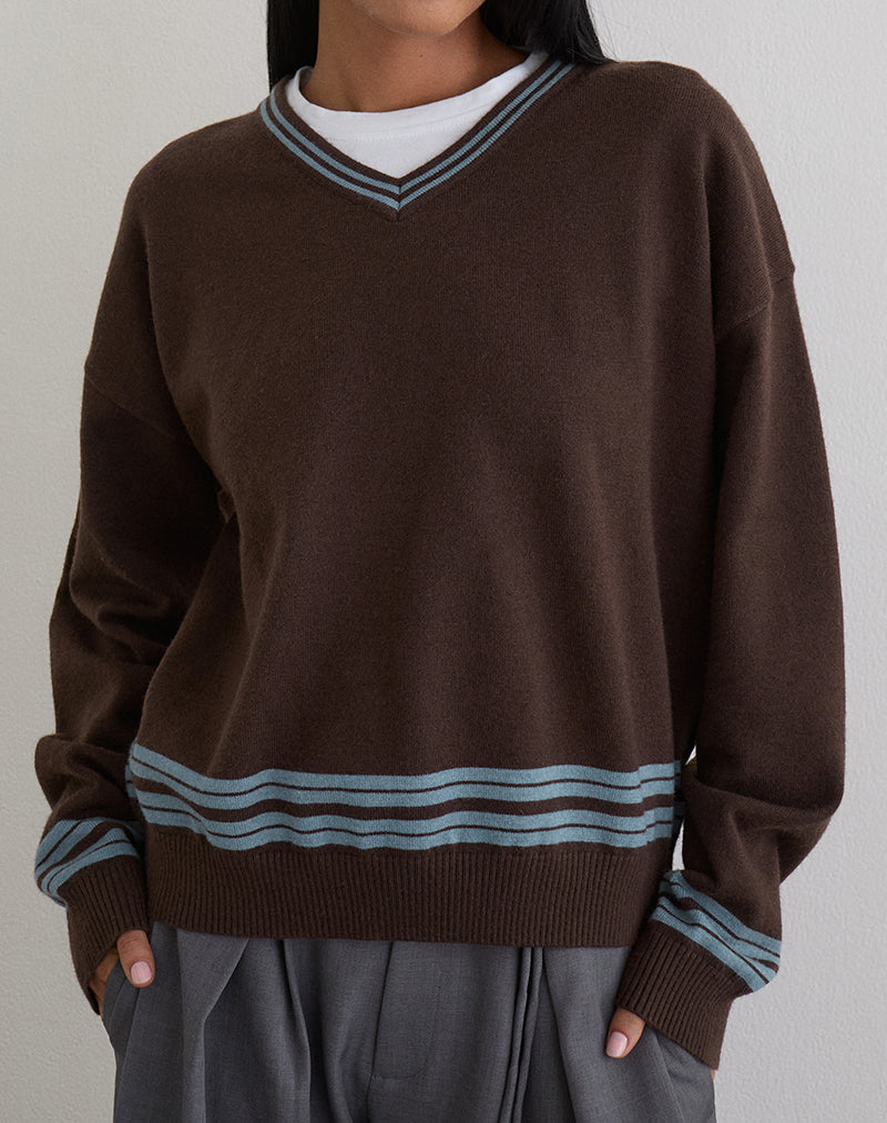 Yarnia Slouchy V-neck Jumper in Brown and Blue