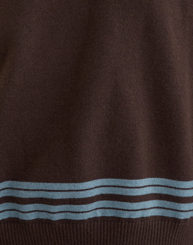 Yarnia Slouchy V-neck Jumper in Brown and Blue