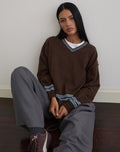 Yarnia Slouchy V-neck Jumper in Brown and Blue