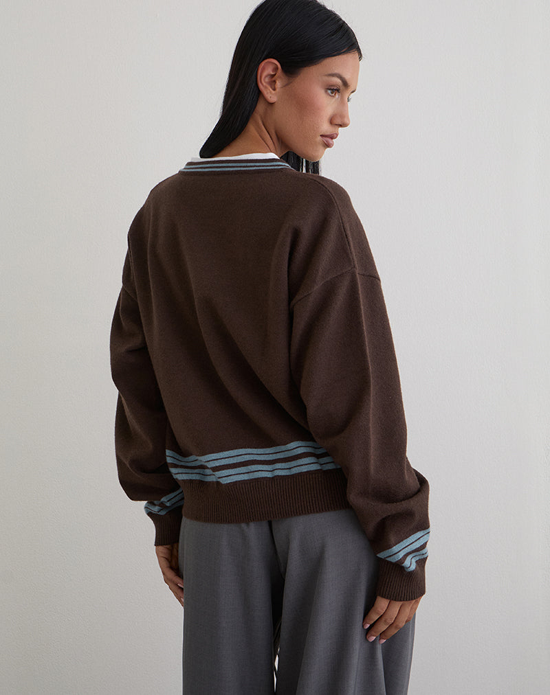 Yarnia Slouchy V-neck Jumper in Brown and Blue