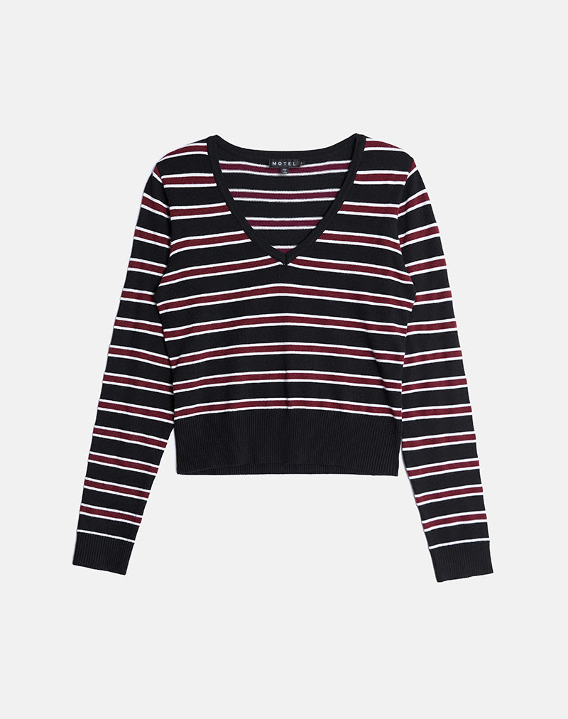 Yasra Jumper in Stripe Knit Black Burgundy