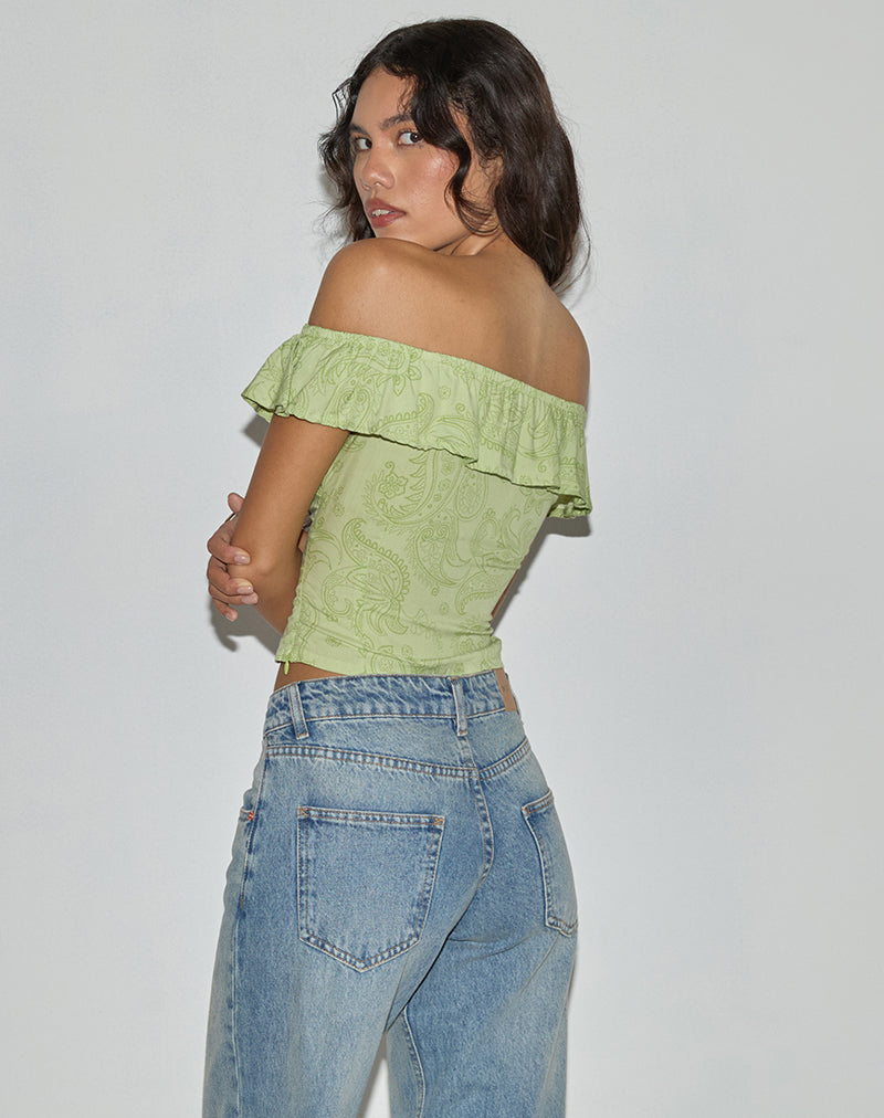 Yokai Bardot Top in Retro Paisley Lime