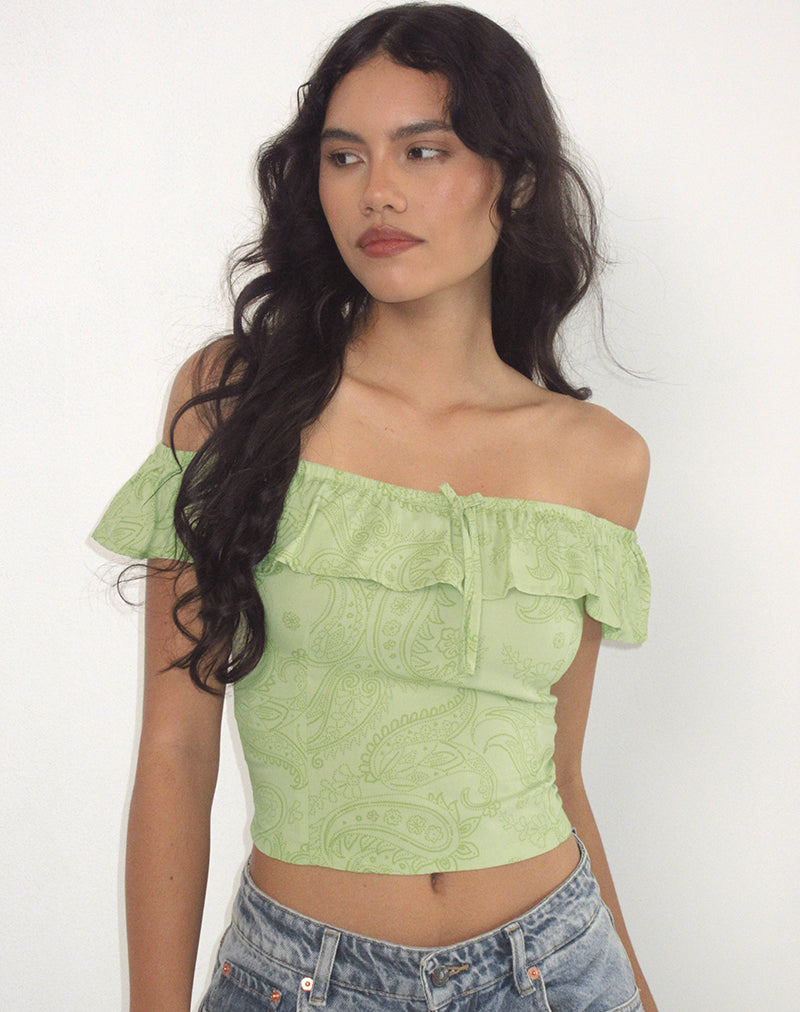 Yokai Bardot Top in Retro Paisley Lime