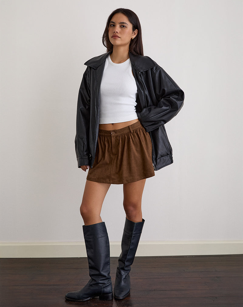Yonca Frill Mini Skort in Faux Suede Brown