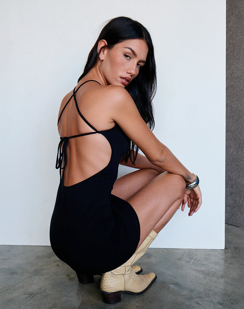 Yorozu Tie Back Mini Dress in Black