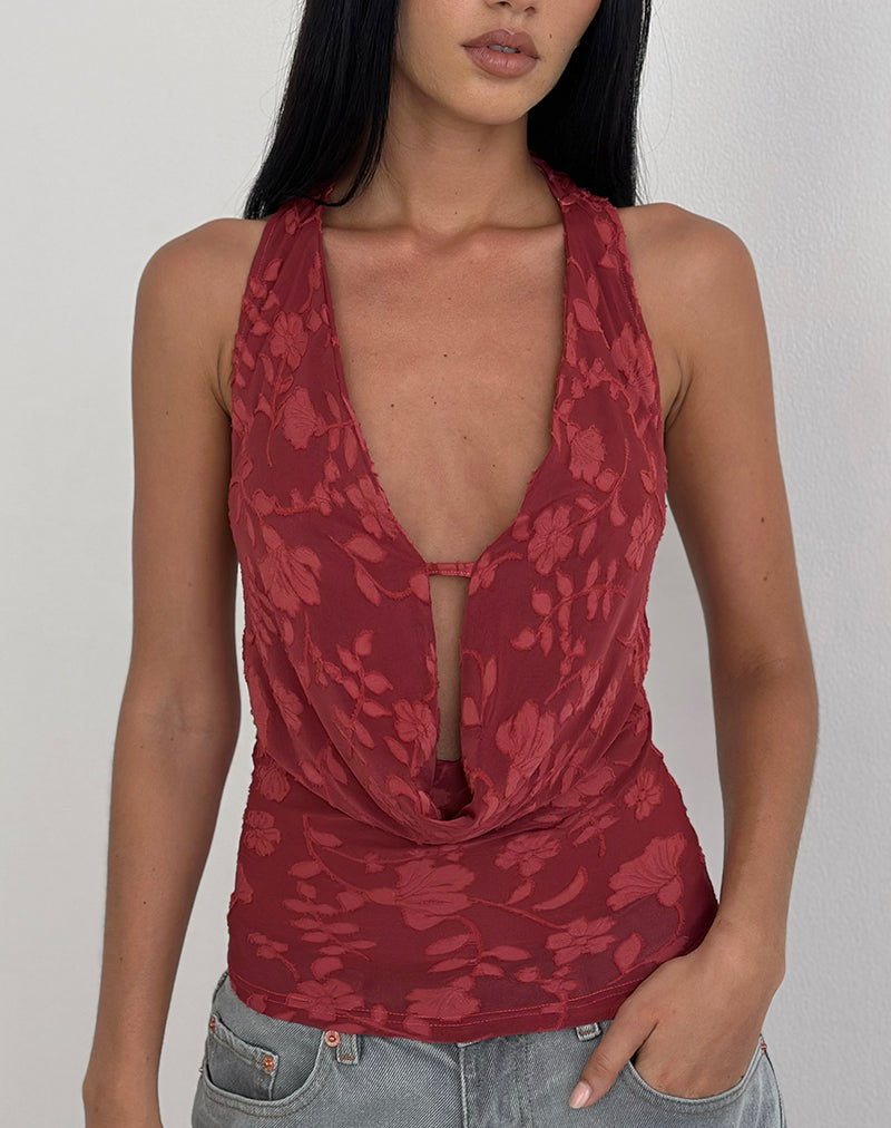 Yukari Plunge Top in Burnout Mesh Red