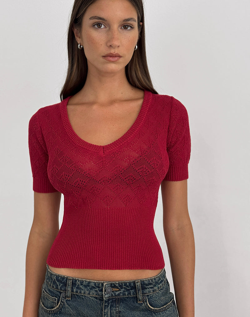 Yura Top in Pointelle Knit Deep Red