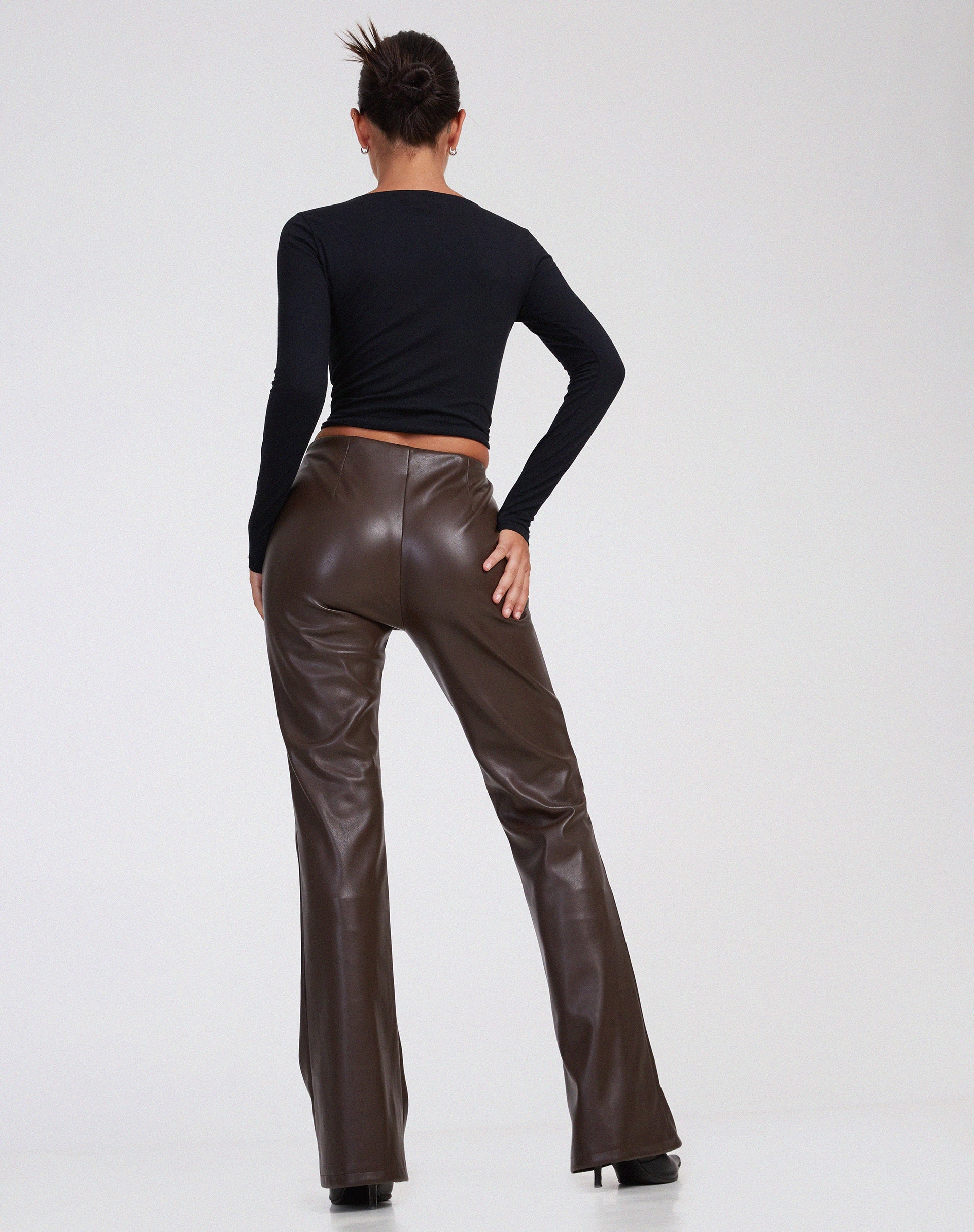 Zinam Flared Leg Trouser in PU Brown